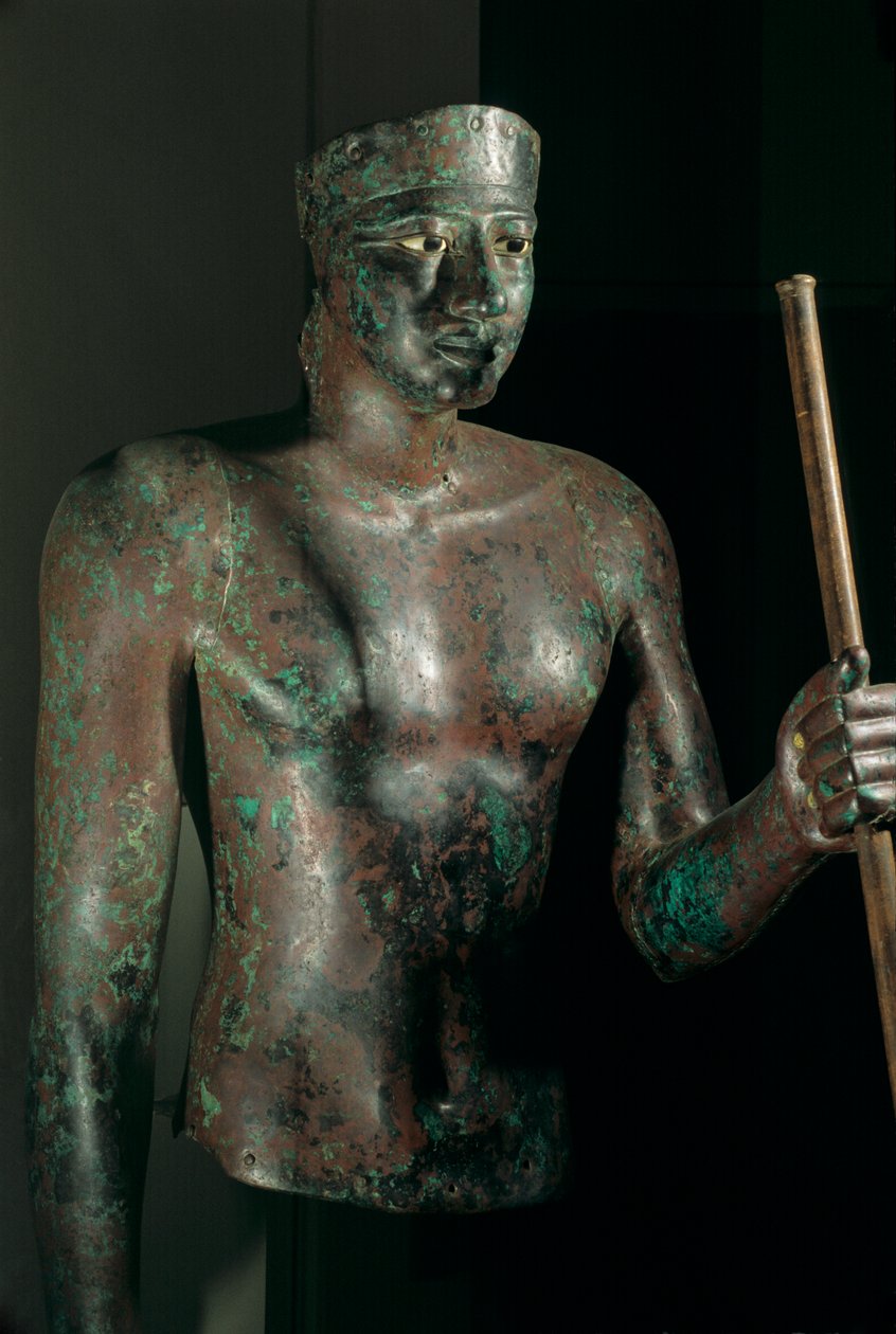 Statue af Pepi I, kobber med indlagte øjne af kalksten og obsidian, fra templet H..., 2002 (foto) af Kenneth Garrett