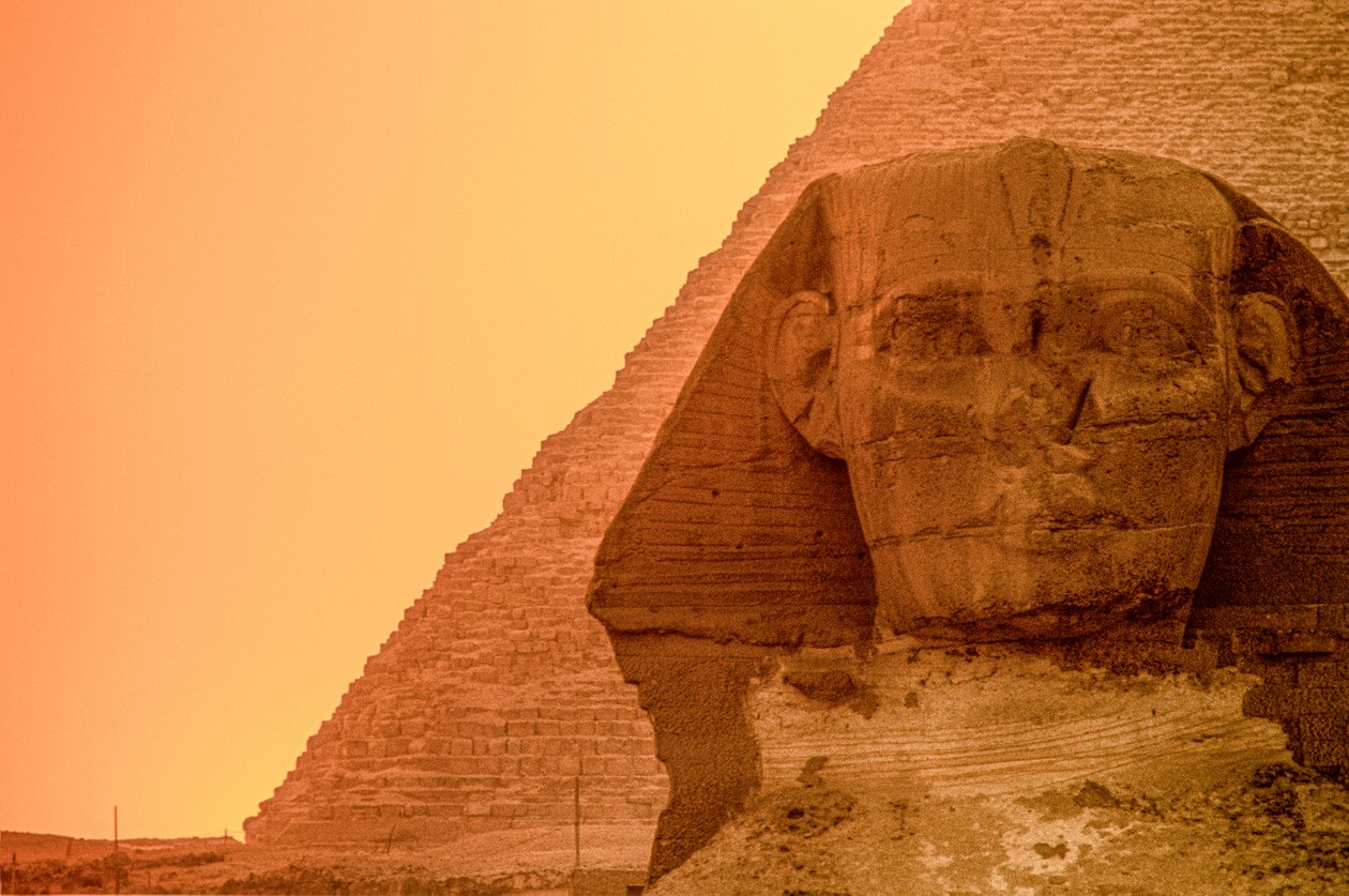 Solnedgang på Giza-plateauet og pyramiderne, Egypten,Gamle Rige,Sfinksen af Kenneth Garrett