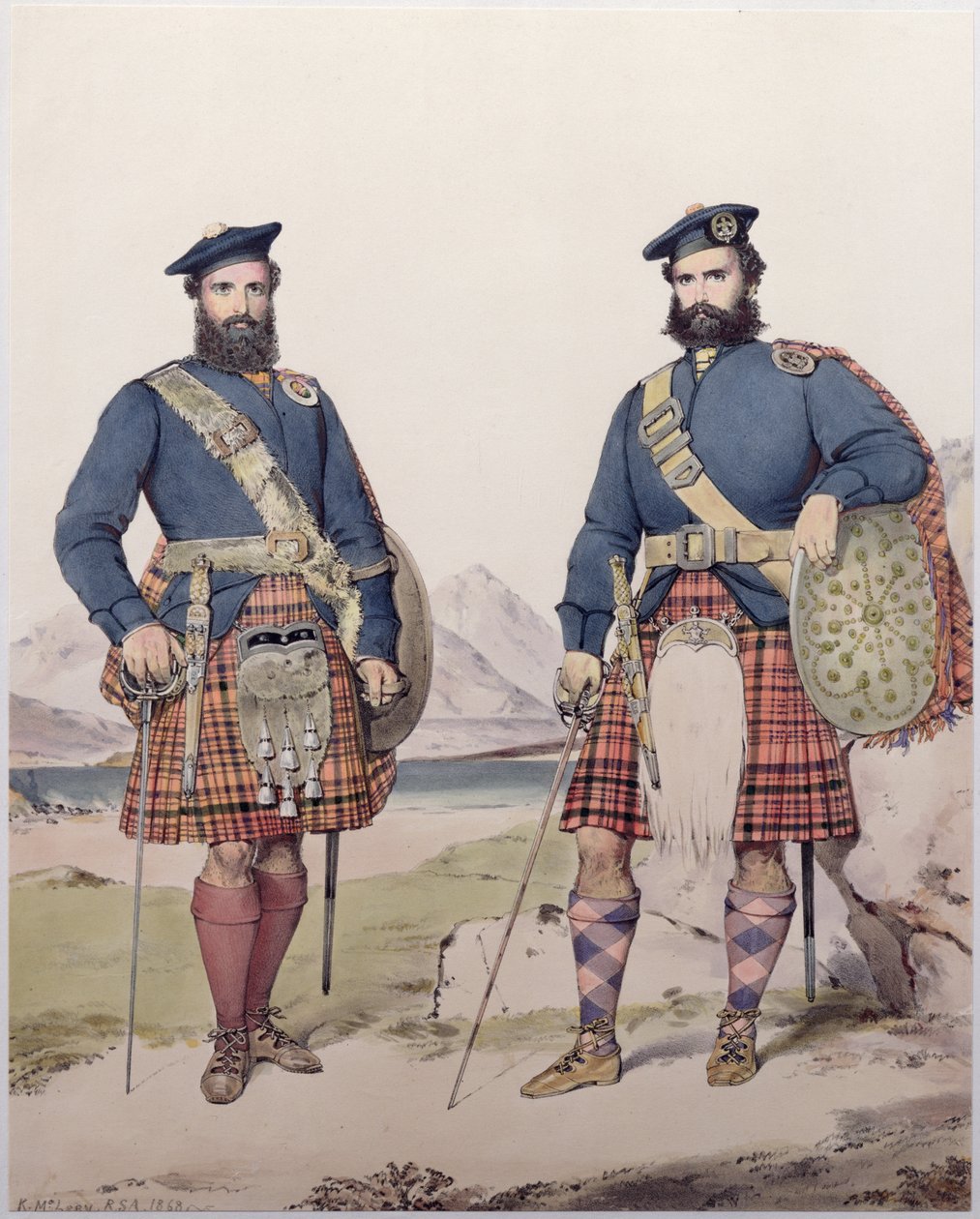 To mænd i højlandskjole, graveret af Vincent Brooks, 1868 af Kenneth Macleay