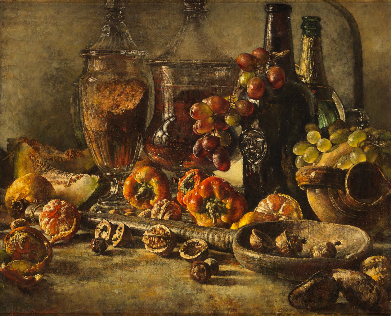 Stilleben med frugt, nødder og flasker (olie på lærred) af Kenneth Newton