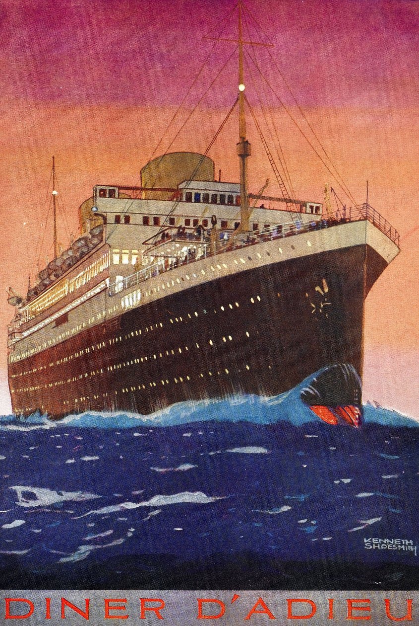 Forsiden af et passagerskibs menu til afskedsmiddag, der forestiller skibet set under stævnen, hvor det sejler under en himmel oplyst af den nedgående sol. af Kenneth Shoesmith