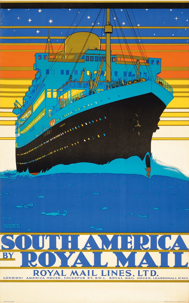 Plakat, der reklamerer for Sydamerika af Royal Mail Lines (farvelitografi) af Kenneth Shoesmith