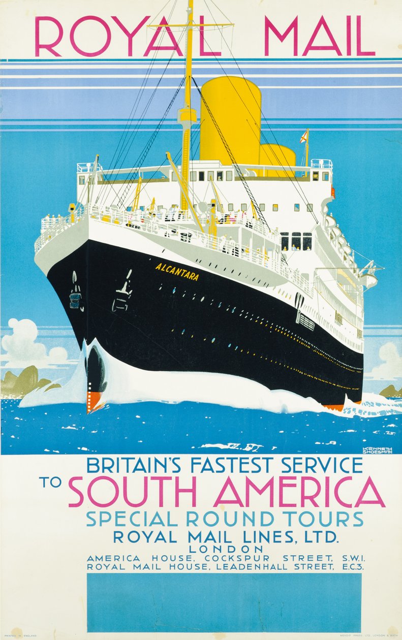 Plakat, der reklamerer for Royal Mail-tjenesten til Sydamerika, ca. 1930 (farvelitografi) af Kenneth Shoesmith