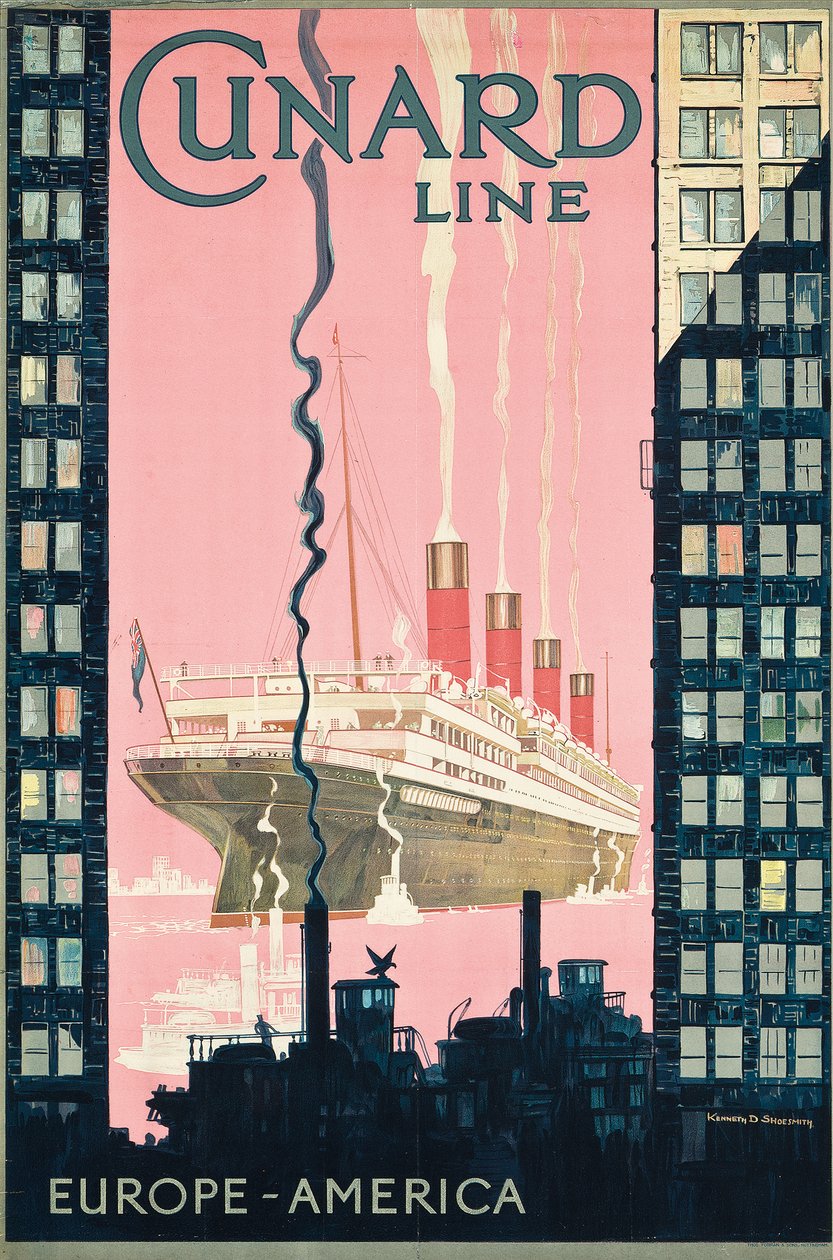 Plakatreklamerejser fra Europa til Amerika med rederiet Cunard Line, ca. 1925 (farvelitografi) af Kenneth Shoesmith