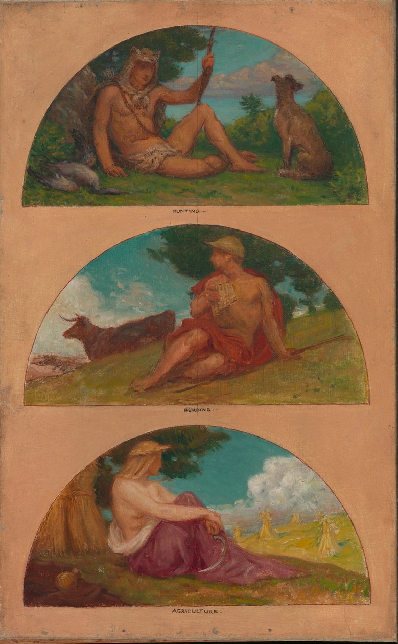 Civilisationens fremskridt: Jagt, hyrdning, landbrug (studie af vægmaleri, State Capitol, Des Moines, Iowa) af Kenyon Cox