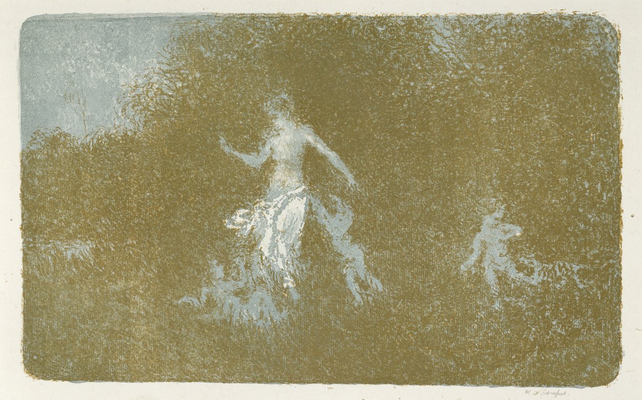 Amour jouant aupres dune nymphe (Kærlighed at lege med en nymfe), ca. 1900 (litografi i farver) af Ker Xavier Roussel