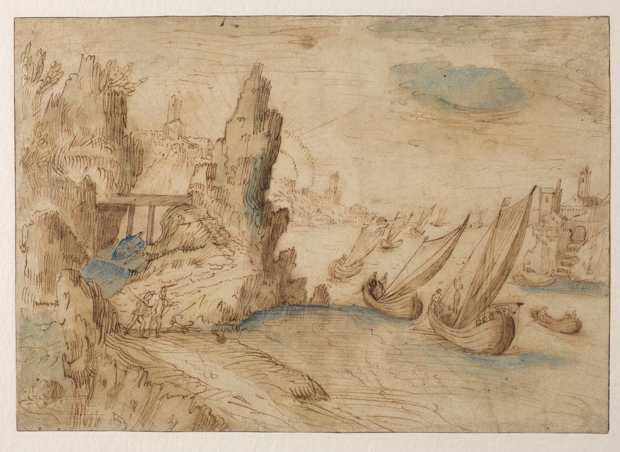 Imaginær kystscene med fiskefartøjer, 1575-1633 af Kerstiaen de Keuninck