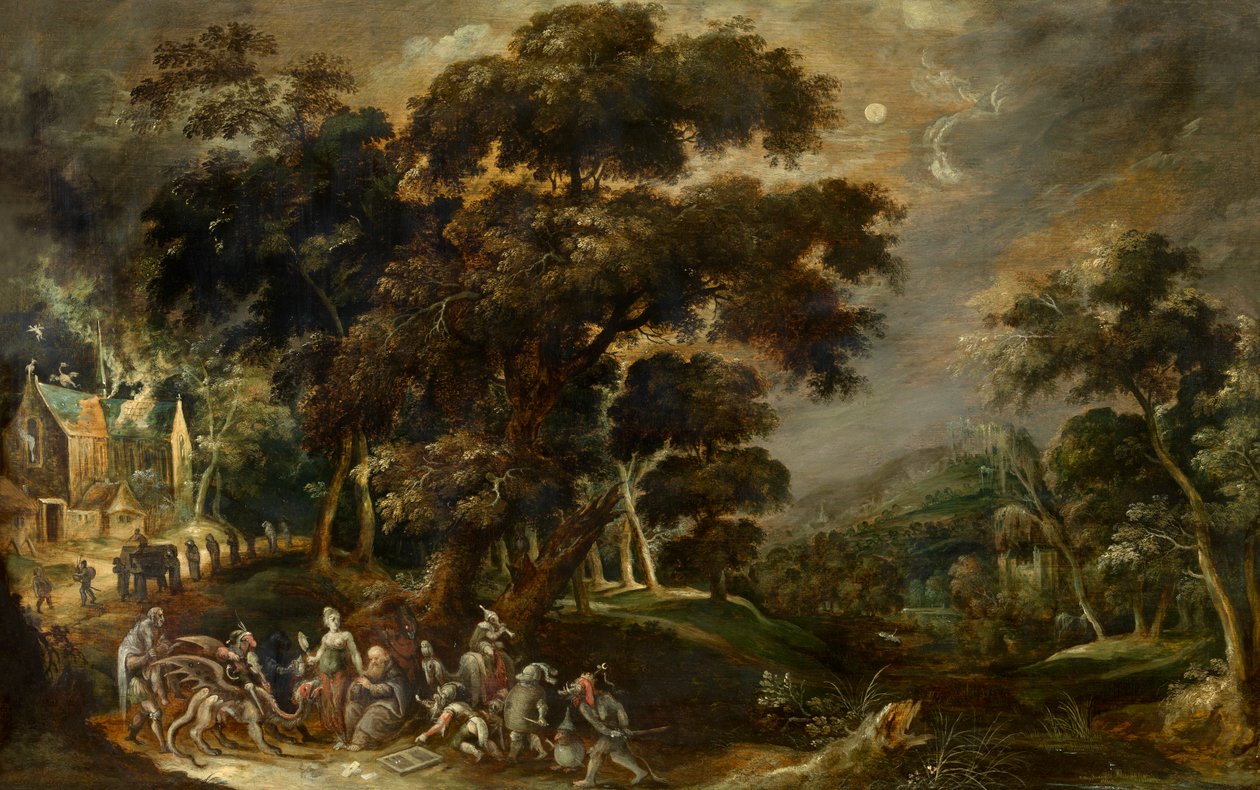 Landskab med Sankt Antonius den Stores fristelse af Egypten (olie på panel) af Kerstiaen de Keuninck