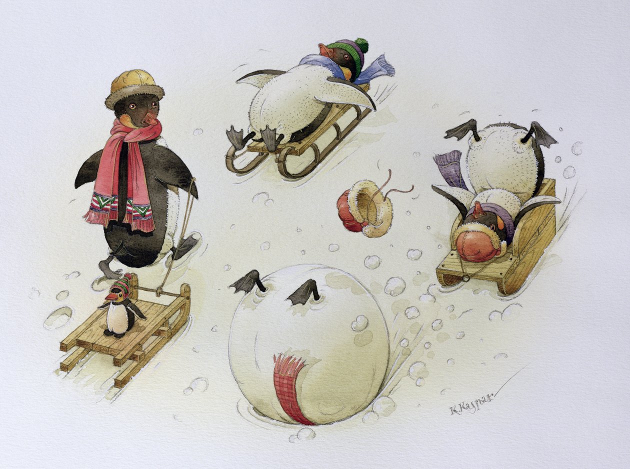 Penguins Sledging, 1999 (wc på papir) af Kestutis Kasparavicius
