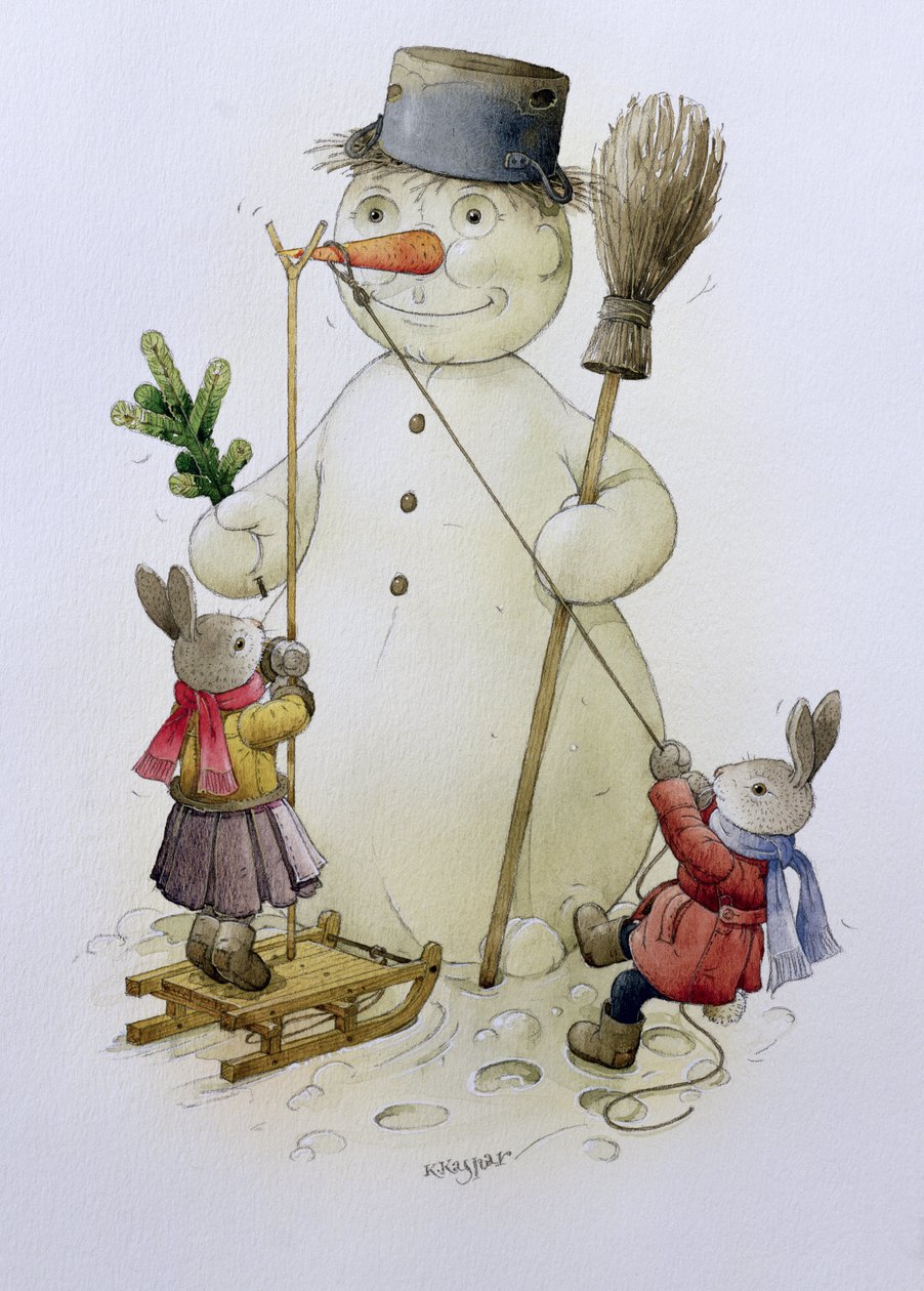 Snowman and Hares, 1999 (wc på papir) af Kestutis Kasparavicius