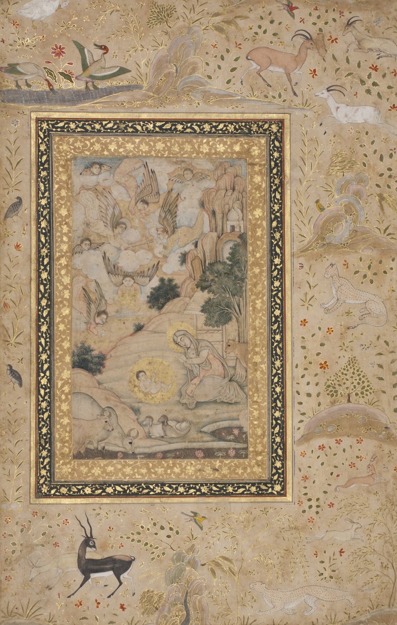 Jomfru Maria tilbeder Kristusbarnet, ca. 1620-30 (ugennemsigtigt wc & guld på papir) af Kesu Das