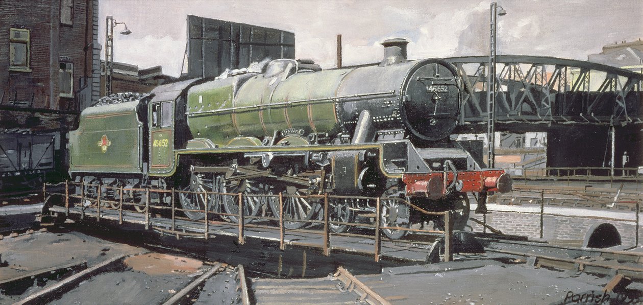 Jubilee Turnaround, Hawke 45652 Jubilee Class Lokomotiv på Camden pladespiller, London af Kevin Guild of Railway Artist Parrish