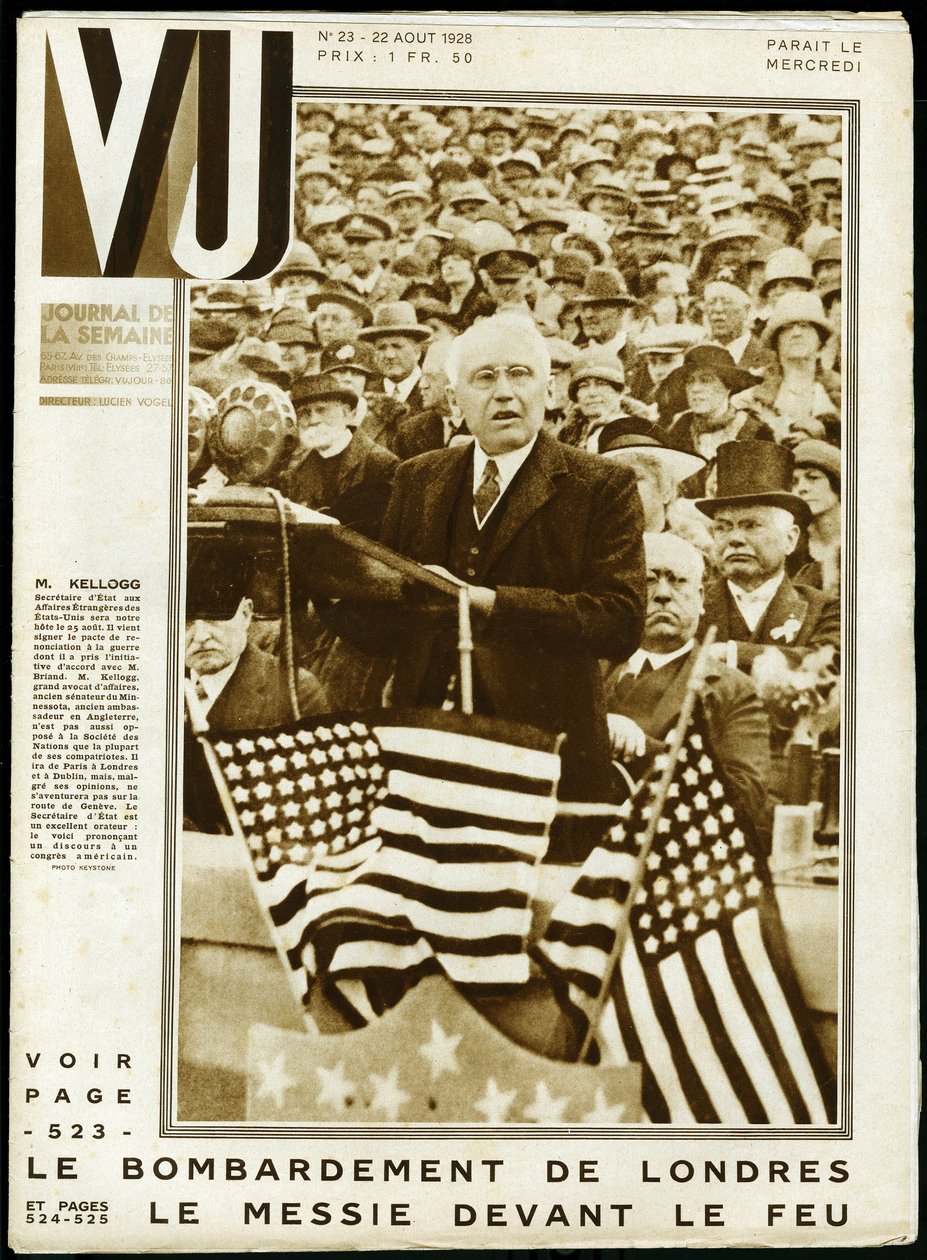 Portræt af Frank Billings Kellogg (1856-1937), amerikansk politiker, senator i Minnesota og udenrigsminister fra 1925 til 1929, og Nobels fredspris i 1929, under en tale ved en amerikansk kongres. Keystone-fotografering, til forsiden af den ugentlige VU af Keystone View Company