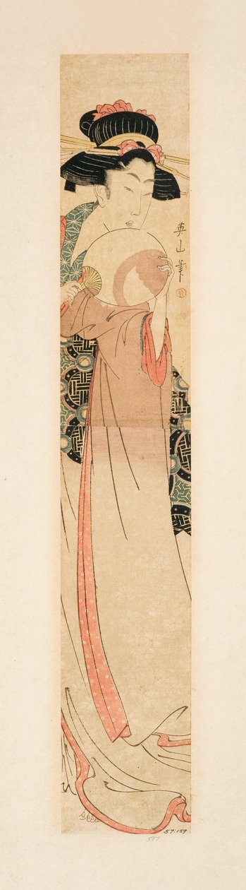 Skønhed holder en vifte, ca. 1805-10 (træblok) af Kikukawa Eizan