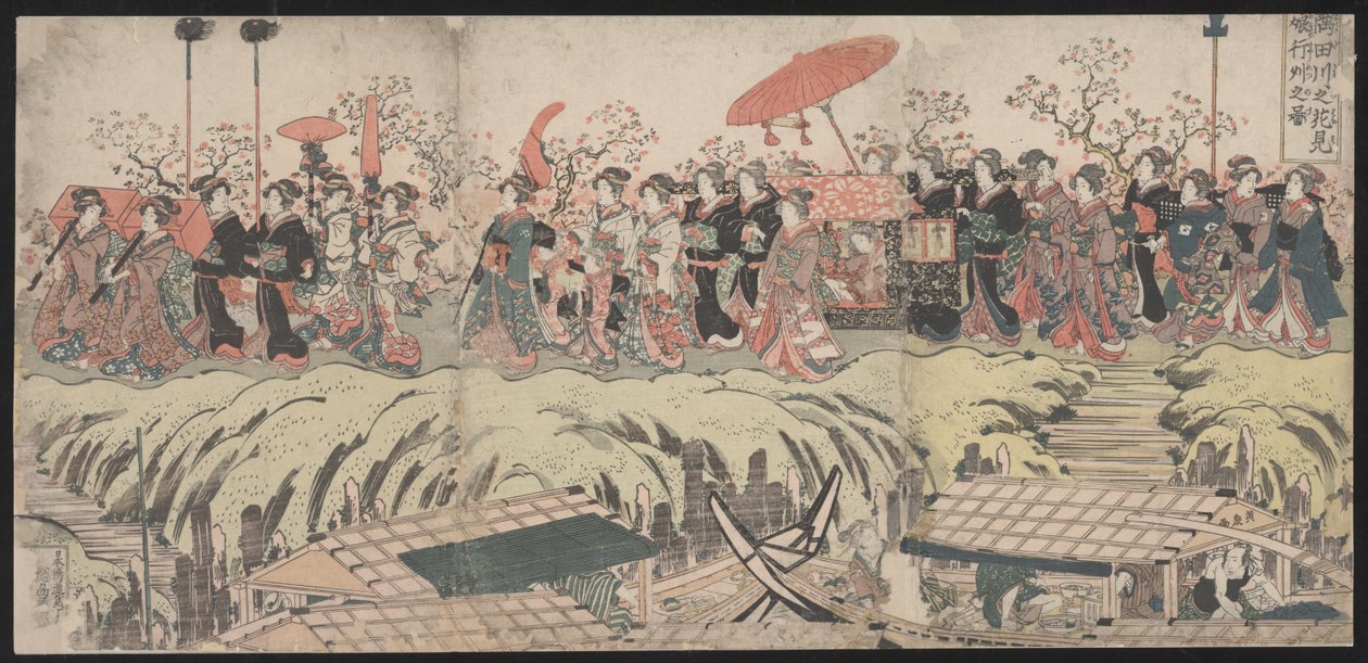 Cherry Blossom Viewing Procession langs Sumida-floden af Kikukawa Eizan