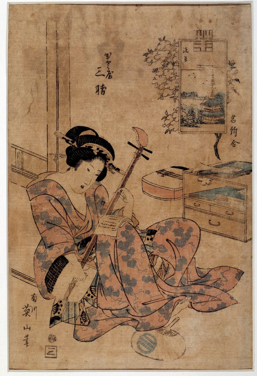 Art japan: musiker. Tryk af Eizan Kikugawa (1787-1867) Rennes fra det 18. århundrede, Musee des Beaux Arts af Kikukawa Eizan