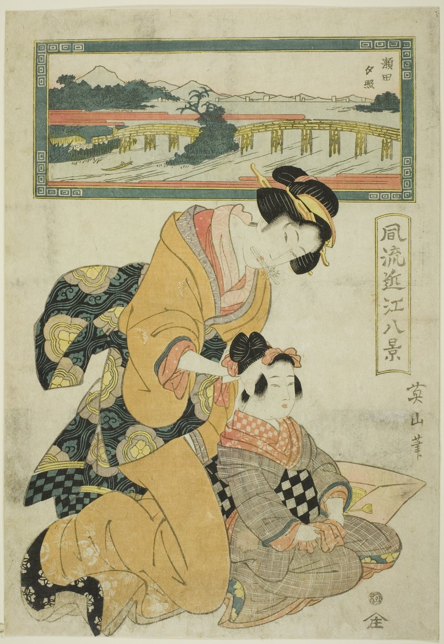Evening Glow at Seta (Seta sekisho), fra serien "Fashionable Eight Views of Omi (Furyu Omi hakkei)" af Kikukawa Eizan