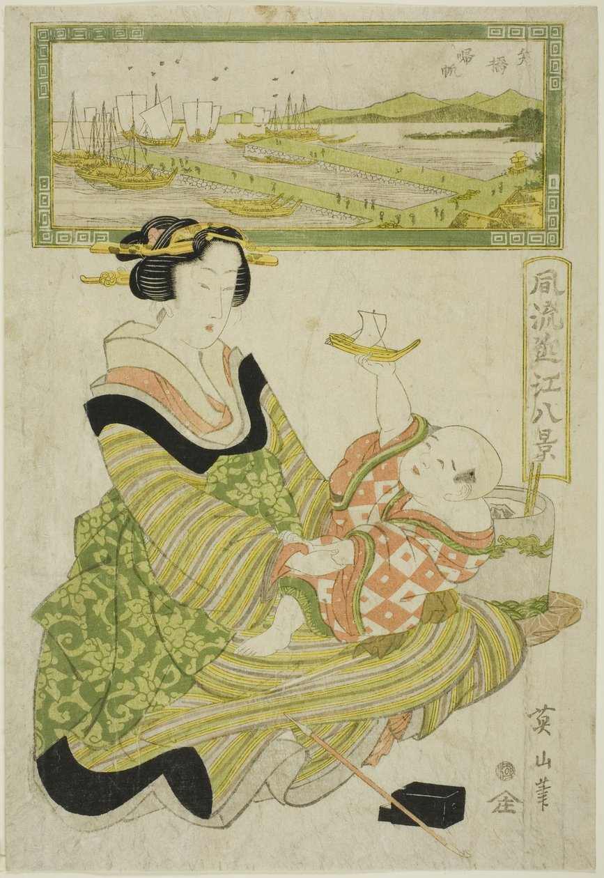 Returning Sails at Yabase (Yabase kihan), fra serien "Fashionable Eight Views of Omi (Furyu Omi hakkei)" af Kikukawa Eizan