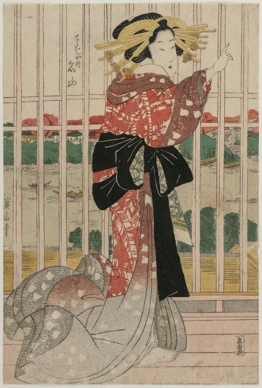 Courtesane Meizan fra Chojiya på en balkon med udsigt over Sumida-floden af Kikukawa Eizan