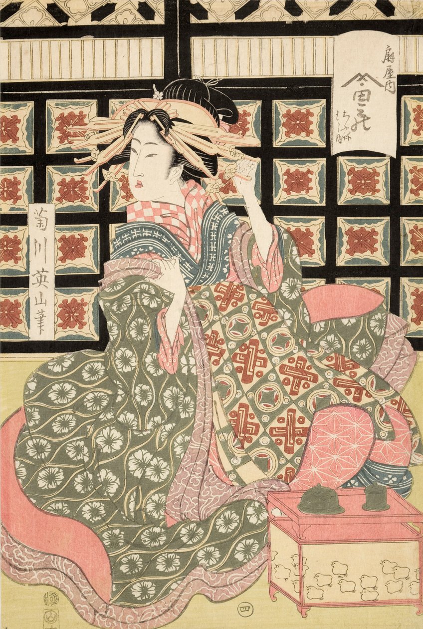 Ukiyo-e Print of Courtesan af Eizan, ca. 1810 (træblok i farver) af Kikukawa Eizan