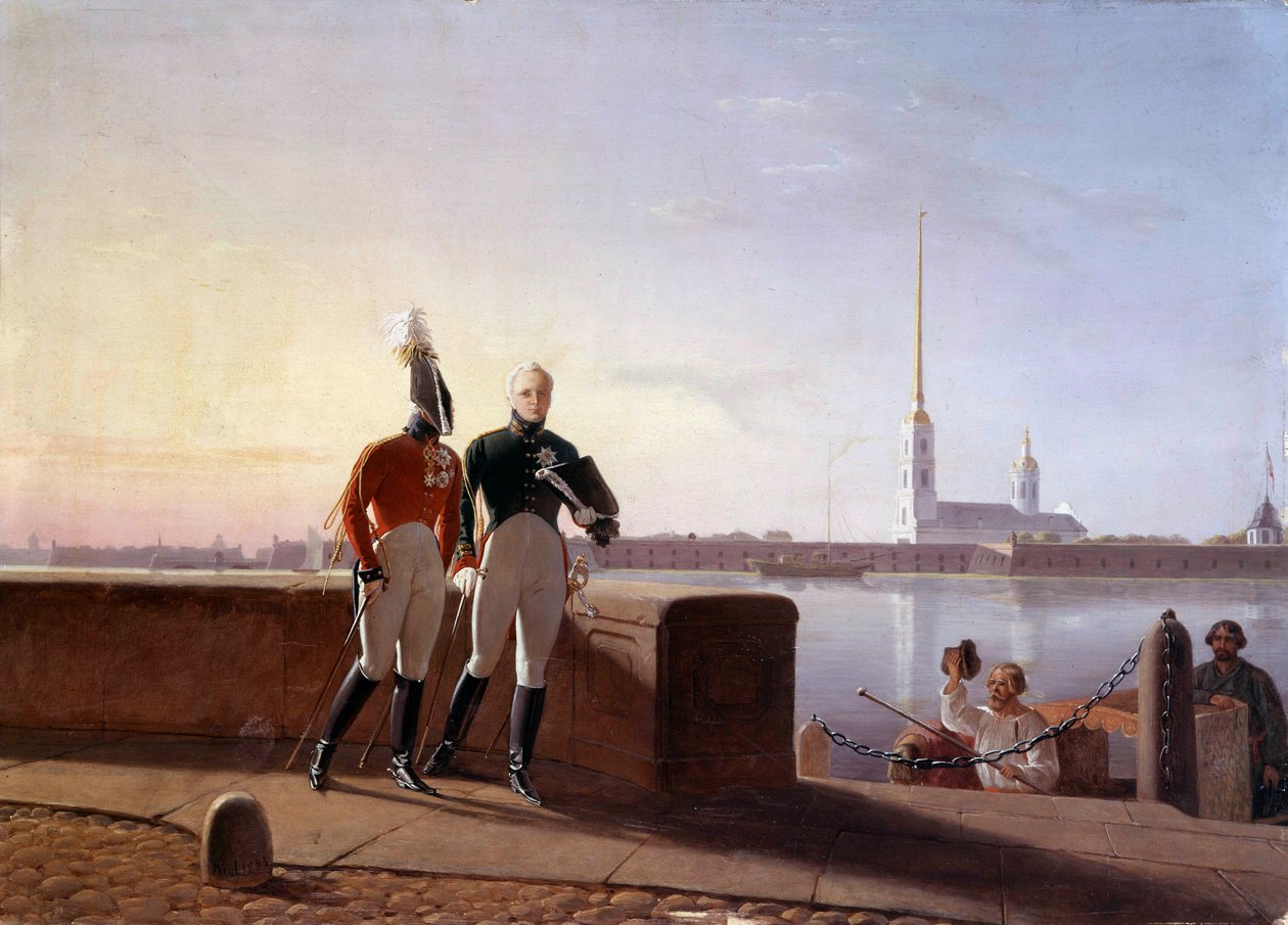 Den russiske zar Alexander I (1777-1825) og hans bror Konstantin på kanten af Neva-maleriet af Kil (1800-tallet) Eremitagemuseet, Sankt Petersborg af Kil