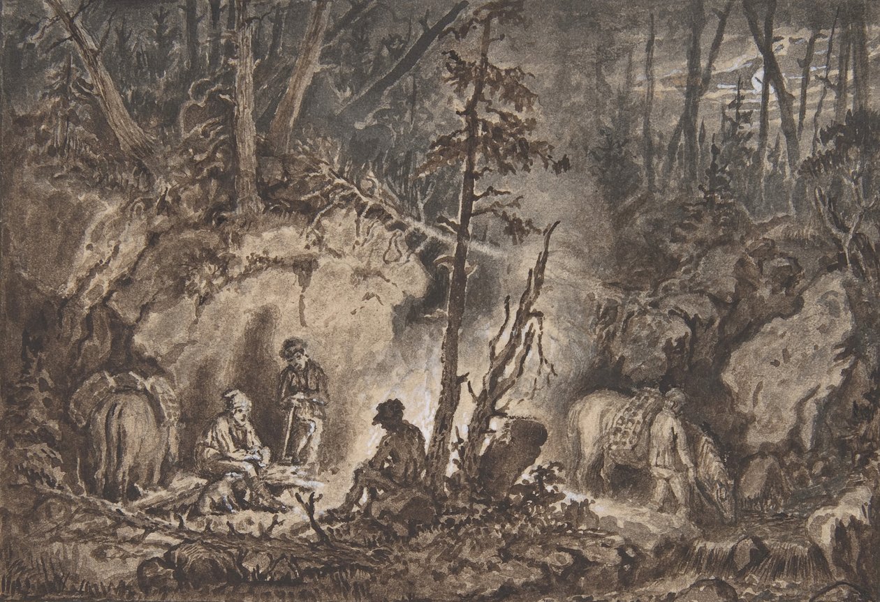 Jægere hvilende i en skov om natten, 1830-60. af Kilian Christoffer Zoll