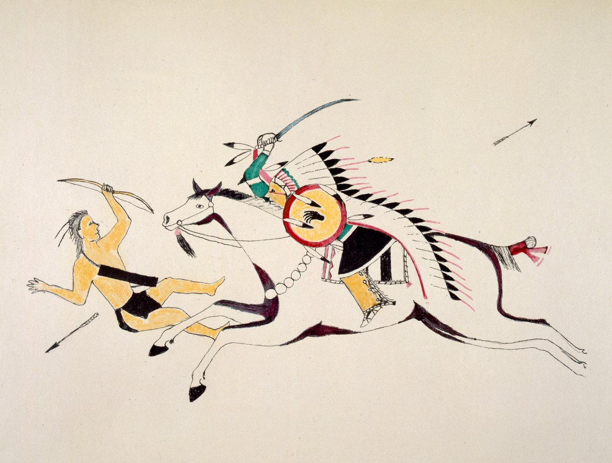 Mounted Sioux (navn ukendt) angriber en Pawnee buemand (pigment på lærred) af Kills Two
