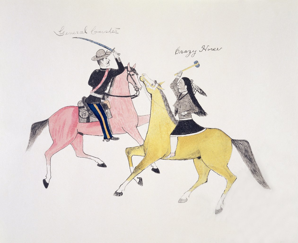 Symbolsk skildring af konflikten mellem indianerne og de hvide som repræsenteret af deres to mest berømte ledere, General Custer og Crazy Horse (pigment på lærred) af Kills Two