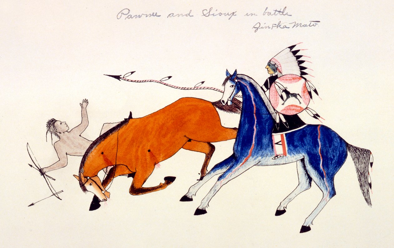 Unhorsing of a Pawnee warrior af Dakota Sioux warrior Zintka Mato Dog Bear, c1889-1927. af Kills Two