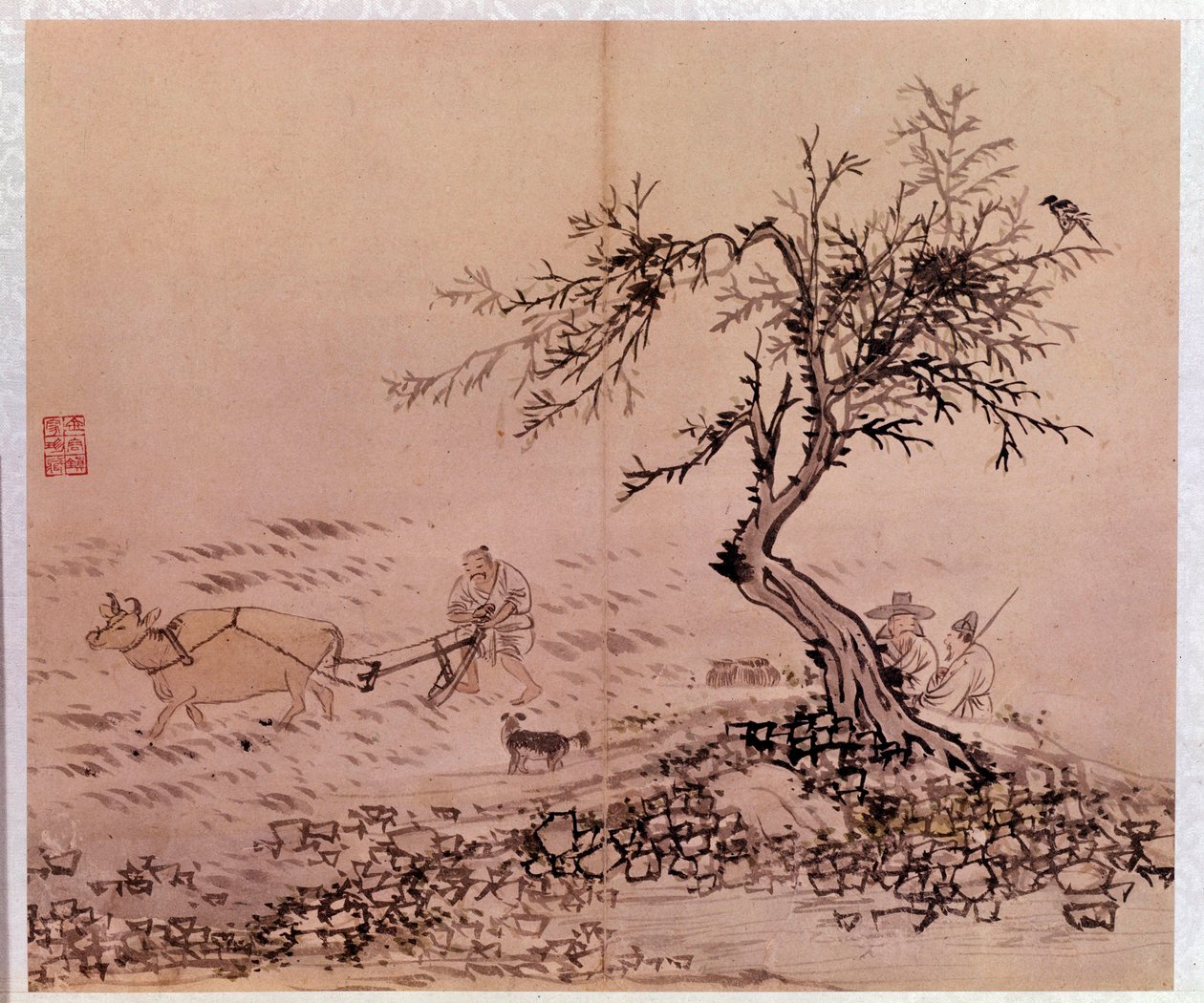 Art coreen: scene de pløjning. Tryk af Kim Hong-do (Kim Hong Do) eller Danwon (1745-ca. 1806) af Kim Hong Do