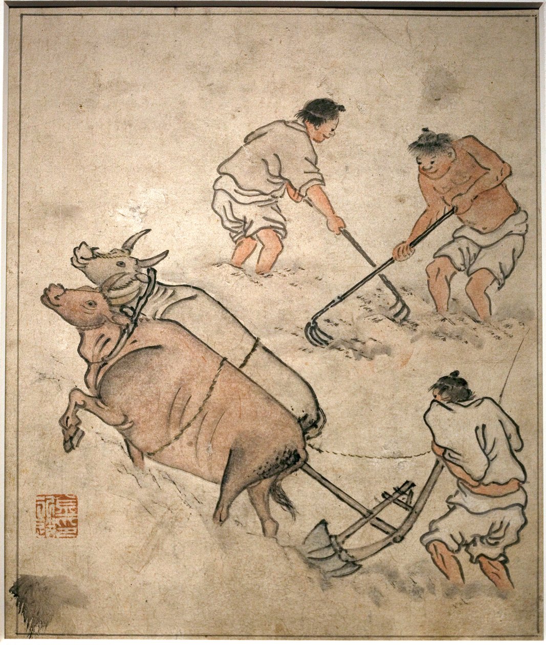 Landbrugsarbejdsscene. Maleri af Danwon (Kim Hongdo) (1745-1806), blæk på papir, Coreen-kunst, periode Joseon (Choson) 1700-tallet. Koreas Nationalmuseum, Seoul (Sydkorea). af Kim Hong Do