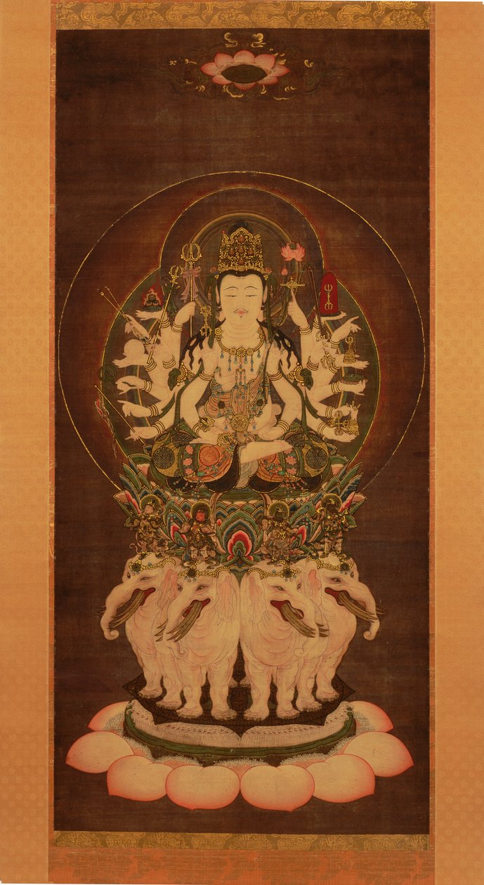 Fugen Enmei Bosatsu (Samantabhadra),
1743 (farve og guld på silke) af Kimura Ryotaku