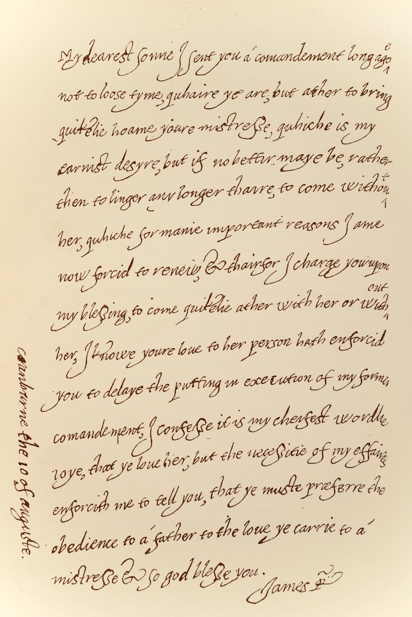 Faksimile af et brev dateret 10. august 1623 fra James I til Prins Charles, trykt af Manzi Joyant & Co. Paris, 1904 (kollotype) af King James I