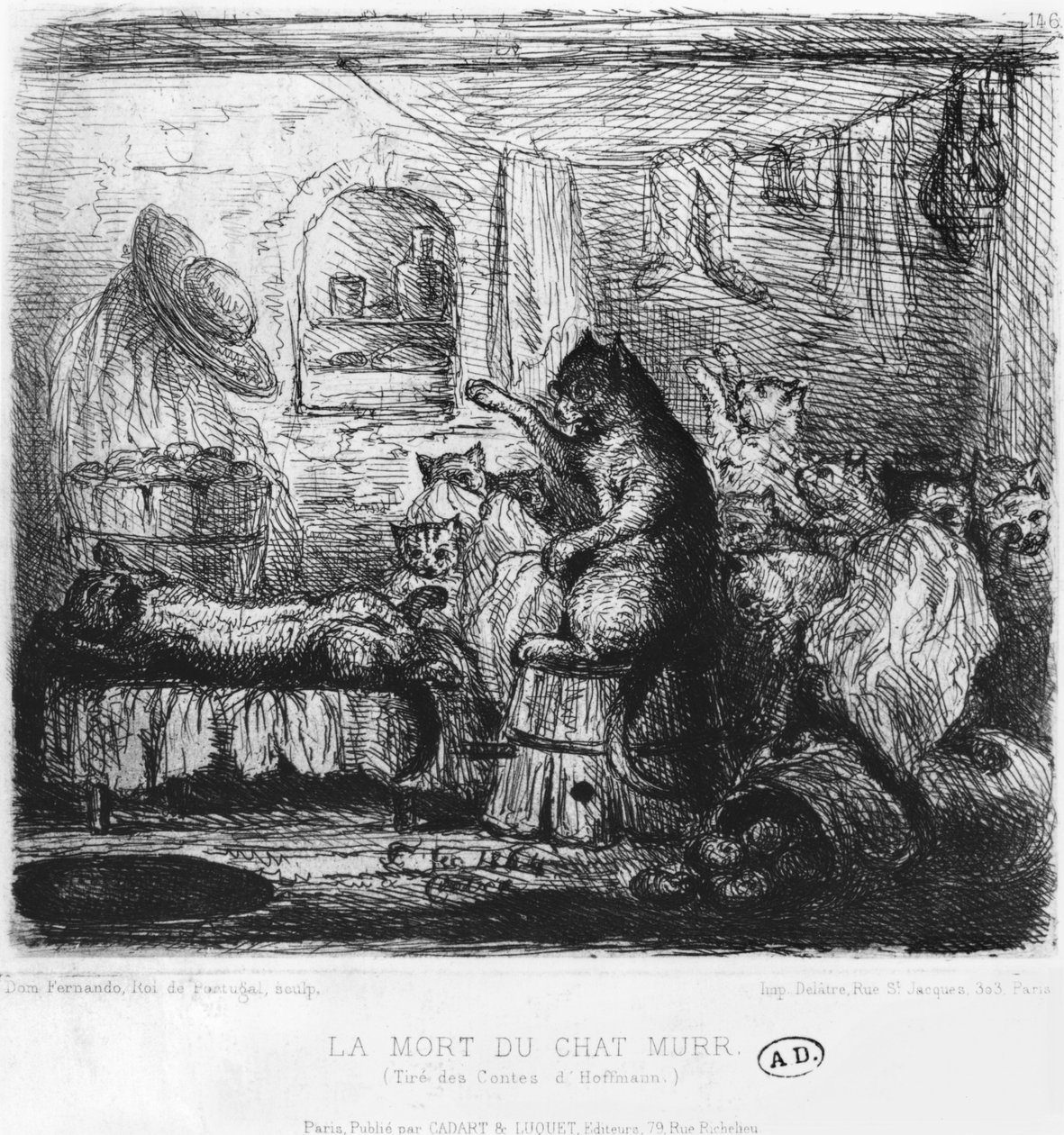 Kat Murrs død, illustration fra Die Lebensansichten des Katers Murr af Ernst Theodor Amadeus Hoffmann (1776-1822) udgivet 1820-22 af King of Portugal Fernando II