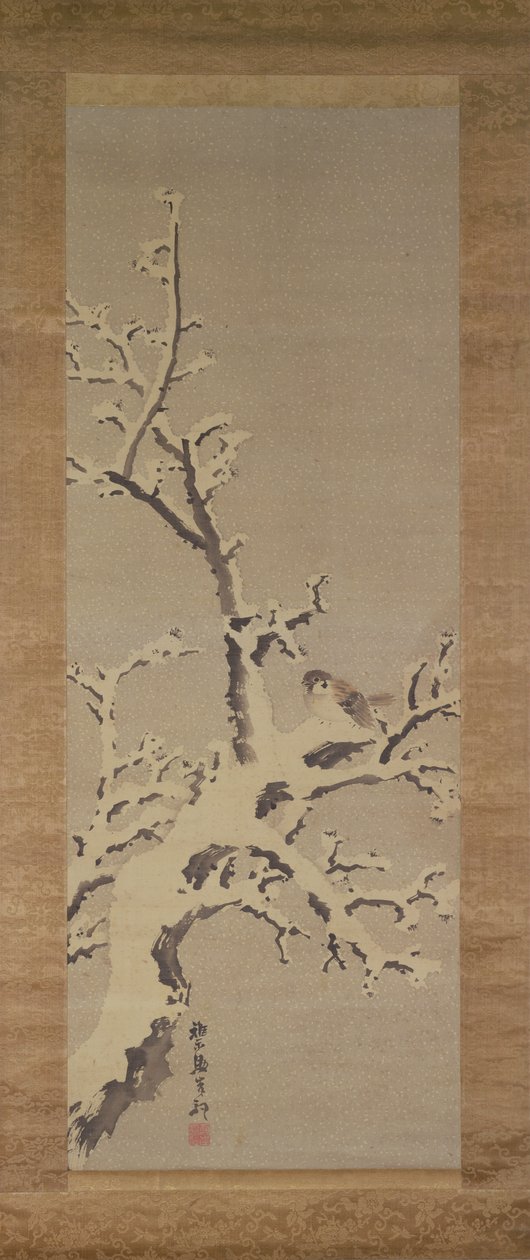 Spurv på et træ i en snestorm, ca. 1800 (farve på papir) af Kishi Ganku