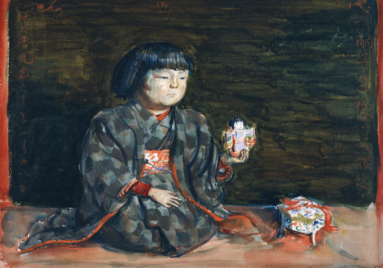 Siddende portræt af Reiko med en dukke af Kishida Ryusei