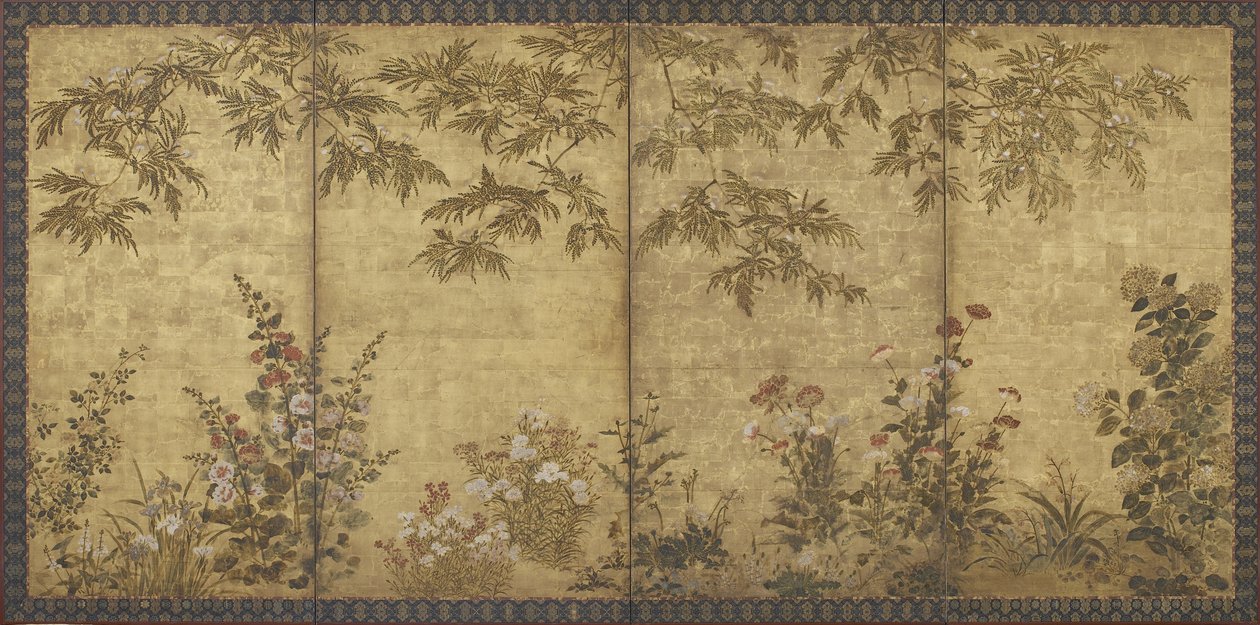Mimosatræ, valmuer, stokroser og andre blomster, Edo-perioden, 1630-70 (blæk, farve og guld på papir) af Kitagawa Sosetsu
