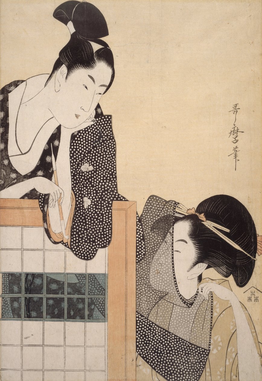 Par med en stående skærm af Kitagawa Utamaro