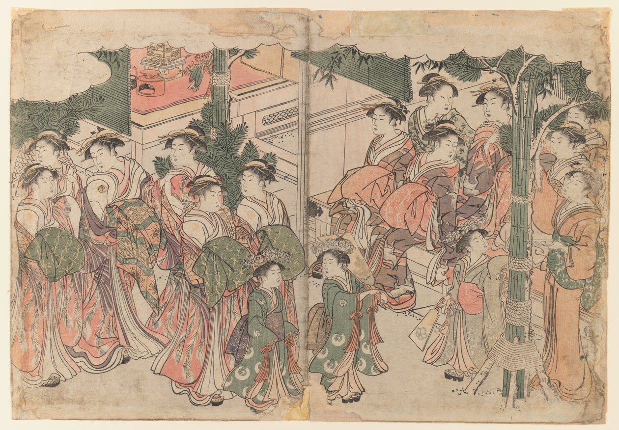 Courtesans Entourage ved nytårsfestival, ca. 1785 (diptykon) af Kitagawa Utamaro