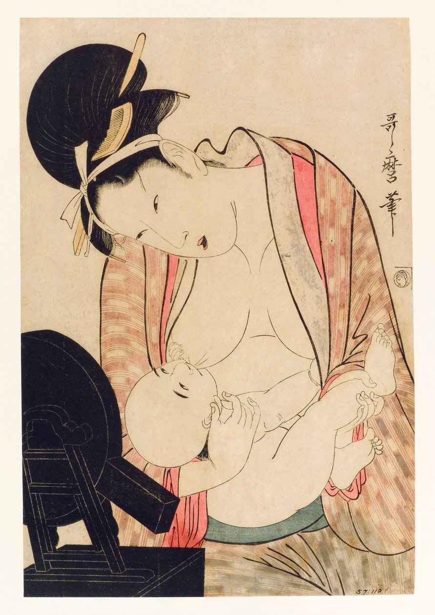 Mor ammer sit barn foran et spejlstativ, ca. 1800-04 (træblok) af Kitagawa Utamaro