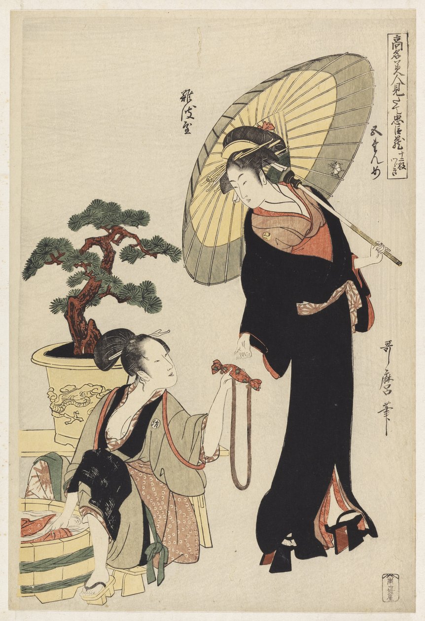 S.352-1945 Scene 5, Sammenligning af berømte skønheder og den loyale liga, ca. 1797 (træblok i farver) af Kitagawa Utamaro