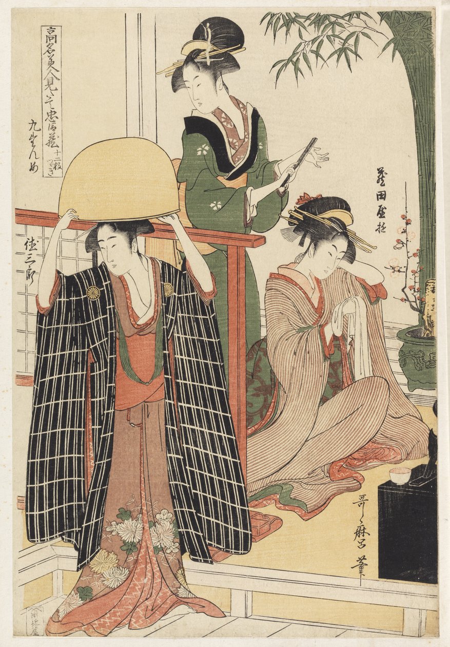 P.356-1945 Scene 9, Sammenligning af de berømte skønheder og den loyale liga, ca. 1797 (farve-træsnit) af Kitagawa Utamaro
