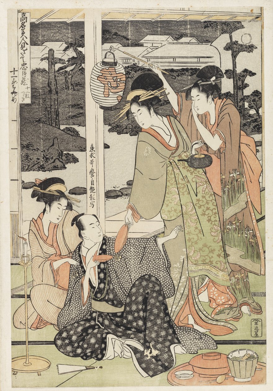 S.359-1945 Scene 12, Sammenligning af berømte skønheder og den loyale liga, ca. 1797 (træblok i farver) af Kitagawa Utamaro