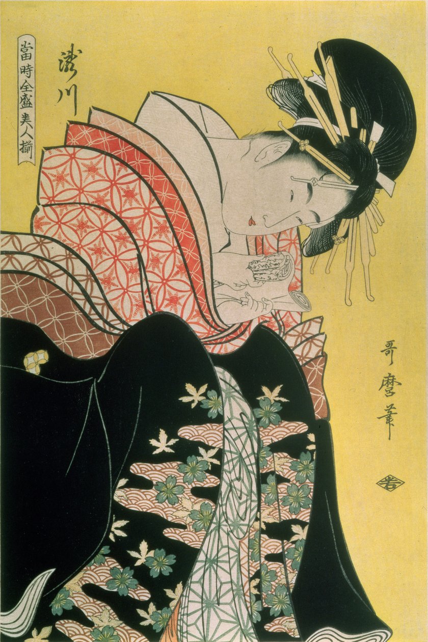 Takigawa fra tehuset, Ogi (træblok i farver) af Kitagawa Utamaro