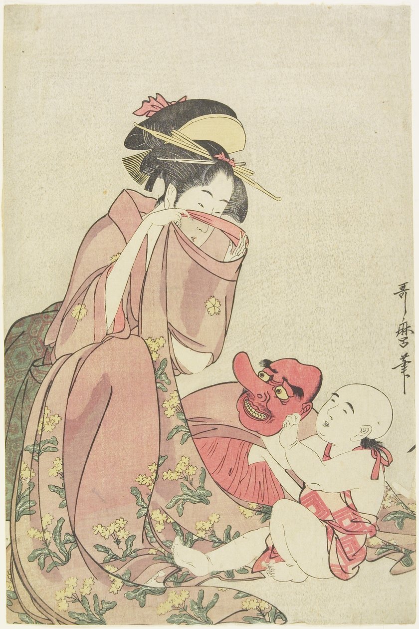 Kvinde leger med et barn med en Tengu-maske, 1795-1802 af Kitagawa Utamaro