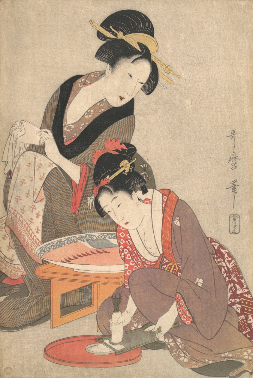 Kvinde forbereder sashimi, ca. 1806 af Kitagawa Utamaro