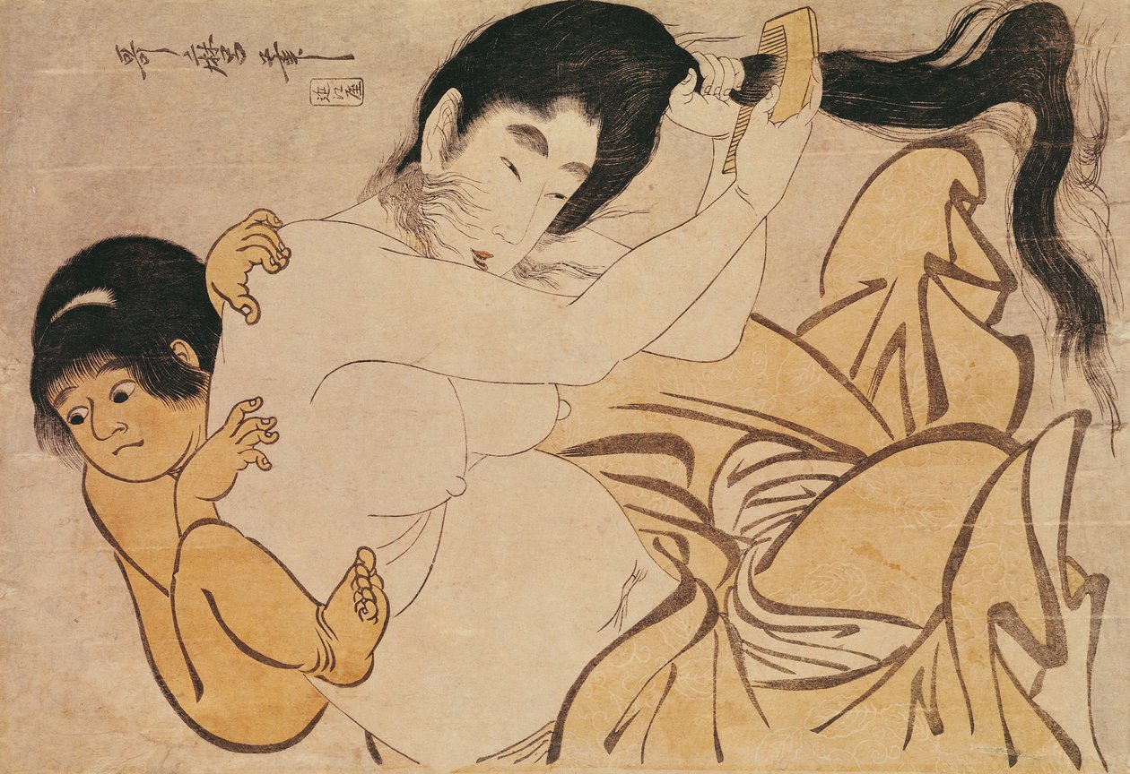 Yama-Uba, bjergets kvinde, med Kintoki, hendes baby (træbloktryk) af Kitagawa Utamaro