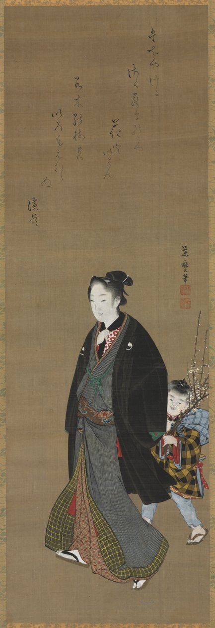 Mand slentrer med en dreng, der bærer blomstrende gren, ca. 1810. af Kitagawa Fujimaro