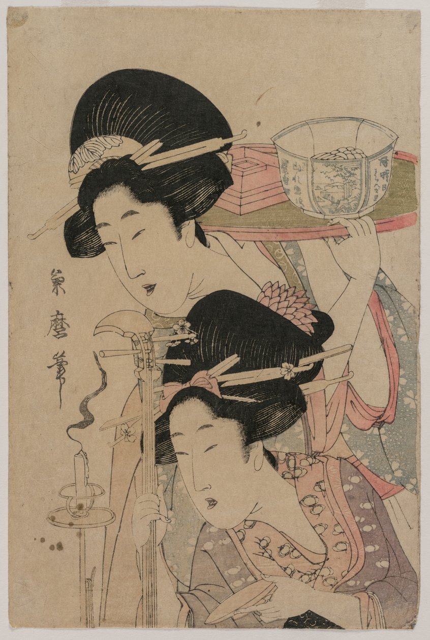 To geishaer ved siden af et lys af Kitagawa Tsukimaro