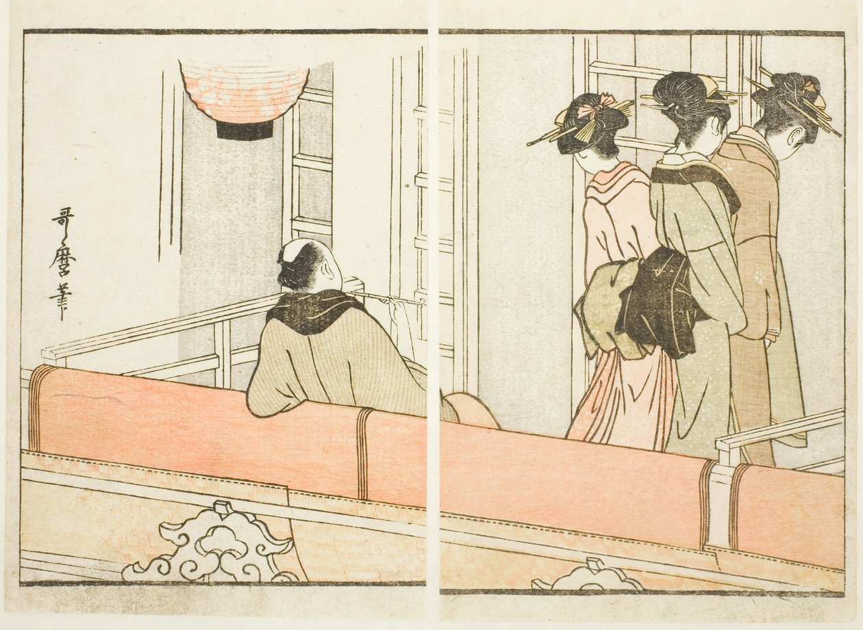 En boks på Kabuki-teatret, fra den illustrerede bog "Guide til skuespillernes omklædningsrum (Yakusha gakuya tsu)" af Kitagawa Utamaro
